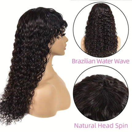 30 inch Water Wave Human Hair Wigs With Bangs Glueless Fringe Wig Kinky Curly Bob Wig with Bangs Full Machine Made Wig 180%