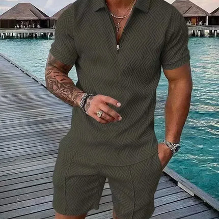 New 2025 Men's Polo Suit Fashion Men Sets Solid Summer V-neck Zipper Short Sleeve POLO Shirt+Shorts Two Pieces Men Casual Suit
