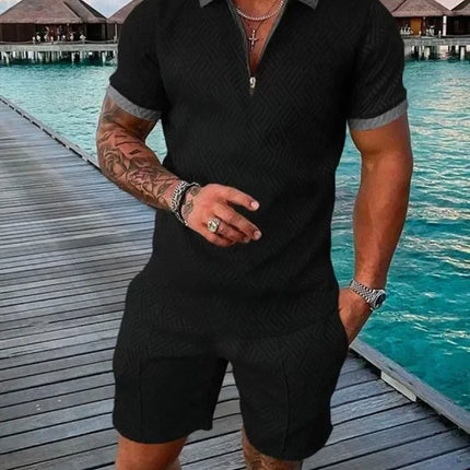 New 2025 Men's Polo Suit Fashion Men Sets Solid Summer V-neck Zipper Short Sleeve POLO Shirt+Shorts Two Pieces Men Casual Suit