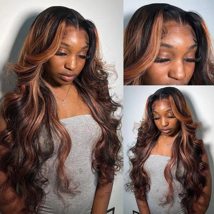 Linktowig 300 High Density Highlight Wig Human Hair Body Wave 13x6 HD Lace Frontal Wigs 1B/30 Black Brown Colored Human Hair Wig