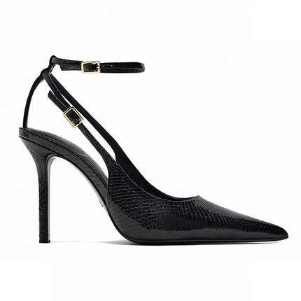 2025 Summer New Sexy Pointed Toe Pumps Black Leather 8cm Thin High Heeled Sandals Snake Pattern Stiletto Mules for Women
