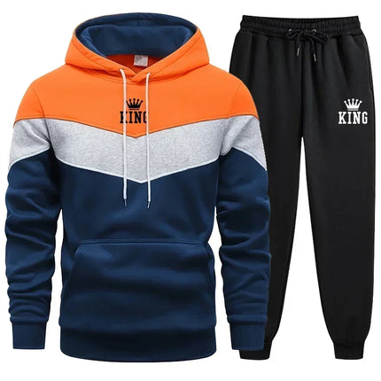 Mens Tracksuit King Printing Sports Suit Sports Hoodie+Pants 2 Piece Suit Casual Sweatshirt Suit Jogging Men's Splicing Clothing