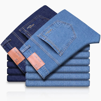 Summer Thin Men's Elastic Cotton Jeans Fashion Blue Comfortable Business Straight Casual Pants Brand Male Clothes Trousers