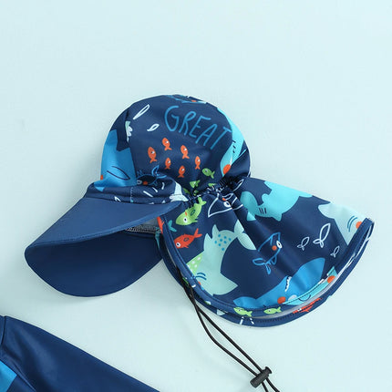 0-5Y Baby Boys Rash Guard Swimwear Fish Print Long Sleeve Zip Tops + Boardshorts + Bucket Hats Bathing Suit Kids Beachwear