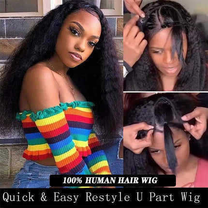 180% Density Kinky Straight V Part Wig Human Hair Brazilian Hair Wigs V Shape Human Hair Wigs No Leave Out Machine Made Natural