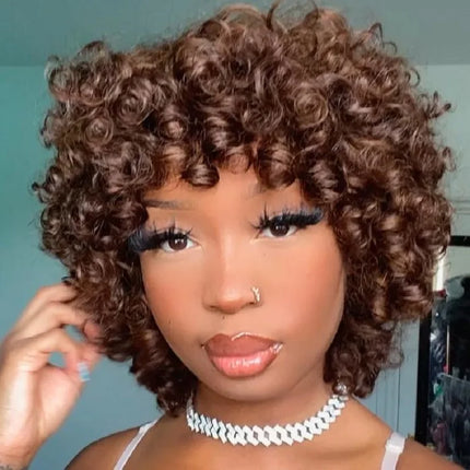 99J Rose Curly Fumi Human Hair Wig With Bangs Full Machine Made Deep Wave Bob For Women Virgin Brazilian Burgundy Blonde Colored