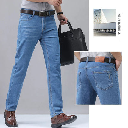 Summer Thin Men's Elastic Cotton Jeans Fashion Blue Comfortable Business Straight Casual Pants Brand Male Clothes Trousers