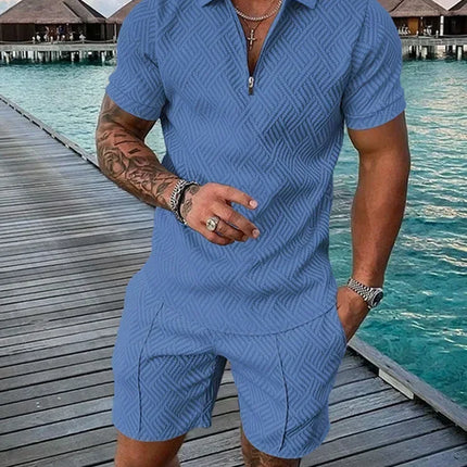 New 2025 Men's Polo Suit Fashion Men Sets Solid Summer V-neck Zipper Short Sleeve POLO Shirt+Shorts Two Pieces Men Casual Suit