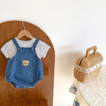 2024 Summer Cool Toddler Baby Clothing Set for Newborn Girls Striped T-shirt and Denim Bodysuits Overalls 2Pcs Boys Suits