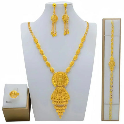 France Ethiopian Gold Color Jewelry Set For Women Dubai Necklace Bracelet Earrings Ring Set African Wedding Choker Wholesale