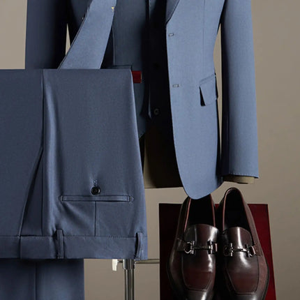15% high-end wool suit for men, fashionable and stylish wedding, British-style business casual gray-blue suit three-piece set