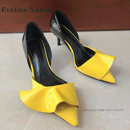 Ruffles Patent Leather Women Sandals Pointed Toe Stiletto Cover Heel Side Air High Heels Mixed Colors Slip On Shallow Shoes Sexy