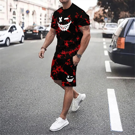 Funny 3D Demon Face Print Men Short Sleeve T-Shirt Shorts Two Piece Sets Hip Hop Trend Harajuku Streetwear Summer Casual Outfit