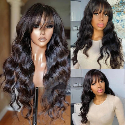 Body Wave Human Hair Wigs With Bangs For Women Full Machine Made Fringe Wig Pre Plucked Cheap Hair Wigs On Sale Clearance