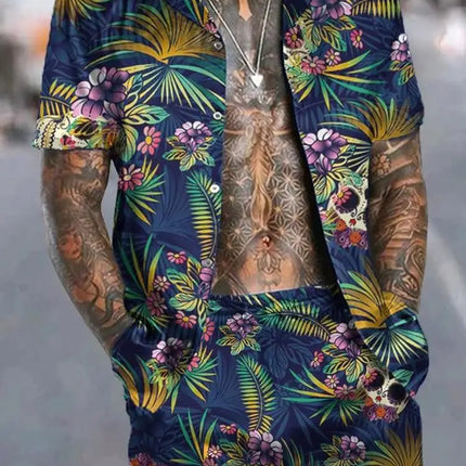 Hawaiian Vacation men's Fashion set, 3D flip-top Printed short-sleeved shirt, Casual Beach Capre Set