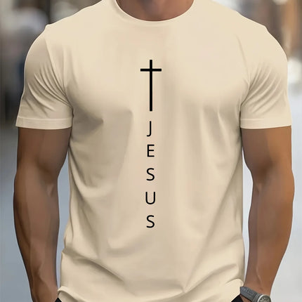 Men's Summer 100 Cotton Fashionable Casual Loose Large Cross and Jesus Letter Printed Sports Round Neck Short Sleeve T-shirt Top