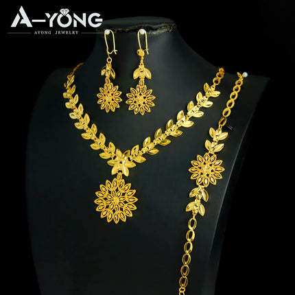 Luxury Dubai Wedding Jewelry Set 21k Gold Plated Arab Bridal Gold Necklace Bracelet Earrings Brazilian Women Vintage Jewelrys