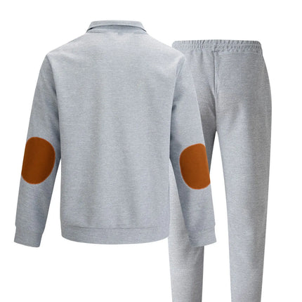 Men's new autumn style American stand-up collar button elbow patch color-block long-sleeve hoodie and pants set