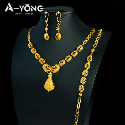 Luxury Dubai Wedding Jewelry Set 21k Gold Plated Arab Bridal Gold Necklace Bracelet Earrings Brazilian Women Vintage Jewelrys