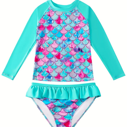 2-Piece Swimsuit Long-Sleeved Swimwear Kids Girl Crew Neck Scale Print Tops & Ruffle Detail Bikini Cut Briefs Swimming Suit 2025