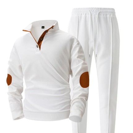 Men's new autumn style American stand-up collar button elbow patch color-block long-sleeve hoodie and pants set