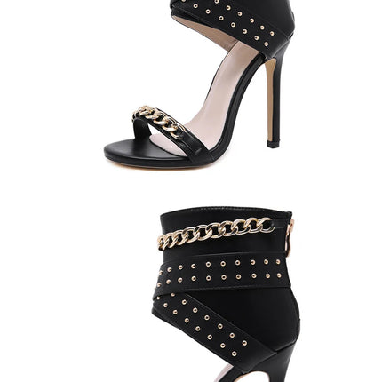 Aneikeh Sexy Rivet Metal Chain Sandals Boots Peep Toe Thin Heel Pumps Gladiator Sandalias Zipper Women High Shoes Summer 2025