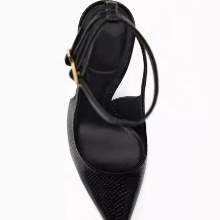 2025 Summer New Sexy Pointed Toe Pumps Black Leather 8cm Thin High Heeled Sandals Snake Pattern Stiletto Mules for Women