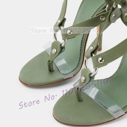 Green Buckle Cross Strap Heeled Sandals Women Open Toe Metal Rivets Flip-flops Ladies Luxury Summer Ankle Strap Stiletto Shoes