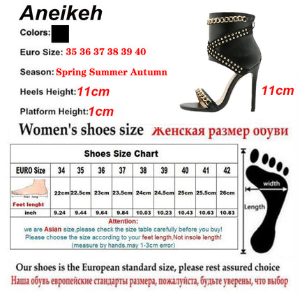Aneikeh Sexy Rivet Metal Chain Sandals Boots Peep Toe Thin Heel Pumps Gladiator Sandalias Zipper Women High Shoes Summer 2025