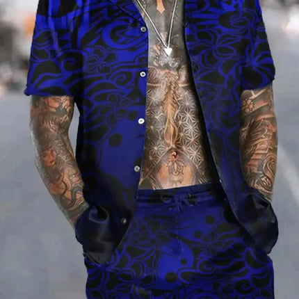 Hawaiian Vacation men's Fashion set, 3D flip-top Printed short-sleeved shirt, Casual Beach Capre Set