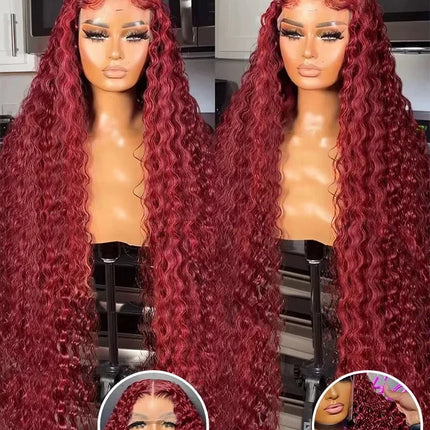 Deep Wave 99J Burgundy 13x6 Transprent Lace Frontal Wig Human Hair 13x4 Curly 30 40 Inch HD Lace Front Wigs Red Wine Water Wave