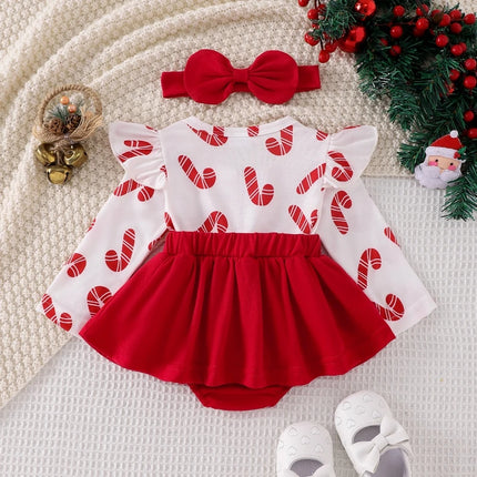 Baby Girl Festival Clothes Outfit Ruffle Trim Patch Long Sleeve Romper Dress with Bow Headband 2 Piece Set for Toddlers
