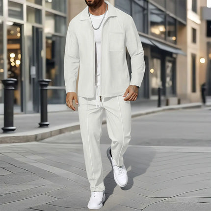 Men's Business Casual Two-Piece Set Spring Autumn Waffle Zippered Shirt Coat And Trousers Trendy Fashionable Outfit