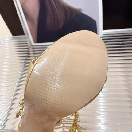 Aneikeh 2026 Fashion Sexy Rhinestone String Bead Ankle Strap High Heels Women Summer Silk Round Toe Open Toe Sandals Party Dress