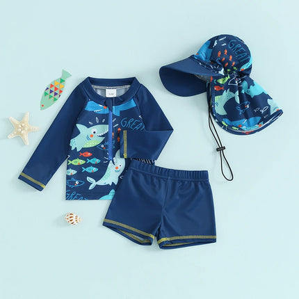 0-5Y Baby Boys Rash Guard Swimwear Fish Print Long Sleeve Zip Tops + Boardshorts + Bucket Hats Bathing Suit Kids Beachwear