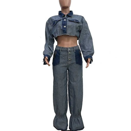 2 Piece Matching Set Spring Streetwear Button Top and Jeans Female Sexy Denim Pant Suits for Ladies wholesale Dropshipping
