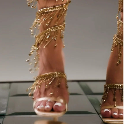 Aneikeh 2026 Fashion Sexy Rhinestone String Bead Ankle Strap High Heels Women Summer Silk Round Toe Open Toe Sandals Party Dress