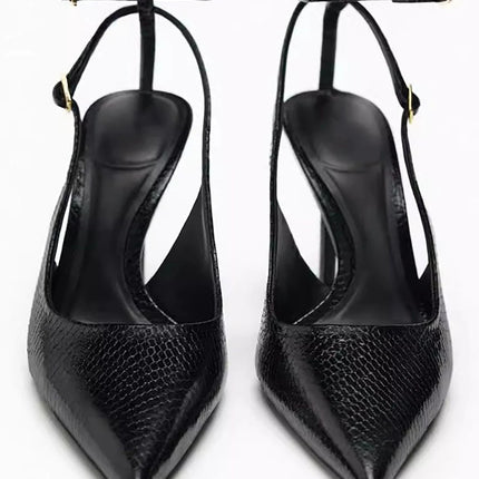 2025 Summer New Sexy Pointed Toe Pumps Black Leather 8cm Thin High Heeled Sandals Snake Pattern Stiletto Mules for Women