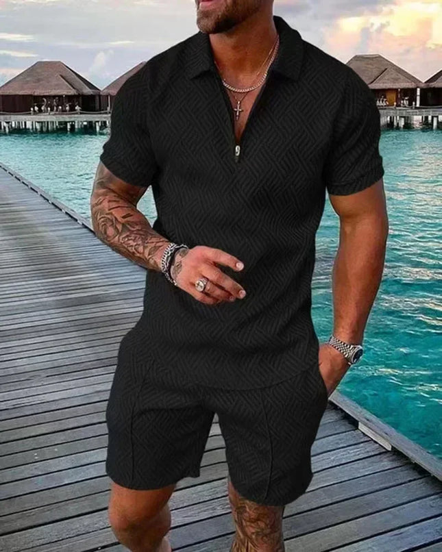 New 2025 Men's Polo Suit Fashion Men Sets Solid Summer V-neck Zipper Short Sleeve POLO Shirt+Shorts Two Pieces Men Casual Suit
