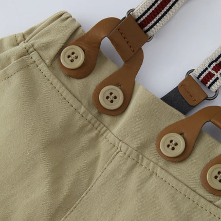 Gentleman Spring Autumn Outfit for Newborn Boy Cotton Baby First Formal Birthday Clothes Solid Pant with Strap Toddler Party Set