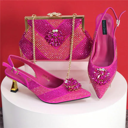 Newest Arrivals Special Design Silver Color African Women Shoes and Bag Set Pointed Toe Pumps for Wedding Party