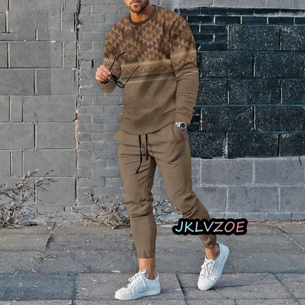 Autumn Men's Tracksuits Sets Print Long Sleeve T-shirt Trousers 2 Piece Outfits 3D Striped Streetwear Oversized Casual Suits