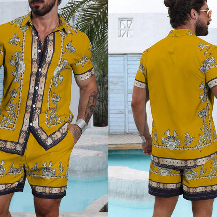 Baroque Luxury Printed Men's Shirt Shorts 2 Piece Set Summer Casual Shirt Hawaiian Beach Short-sleeved Men's Suits Clothing