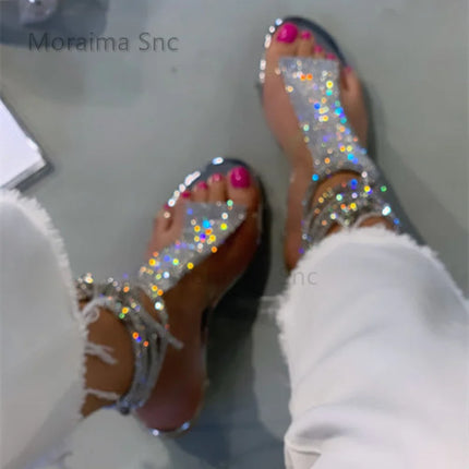 Bling Bling Rhinestone Strappy Sandals for Women Luxury Summer Silver Transparent Flats Round Toe Wedding Crystal Women's Shoes