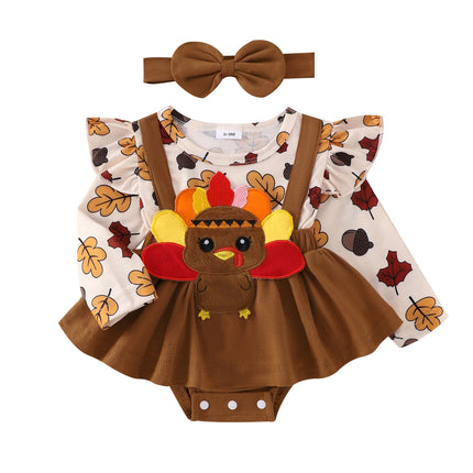 Baby Girl Festival Clothes Outfit Ruffle Trim Patch Long Sleeve Romper Dress with Bow Headband 2 Piece Set for Toddlers