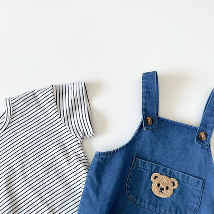 2024 Summer Cool Toddler Baby Clothing Set for Newborn Girls Striped T-shirt and Denim Bodysuits Overalls 2Pcs Boys Suits