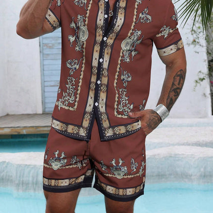 Baroque Luxury Printed Men's Shirt Shorts 2 Piece Set Summer Casual Shirt Hawaiian Beach Short-sleeved Men's Suits Clothing