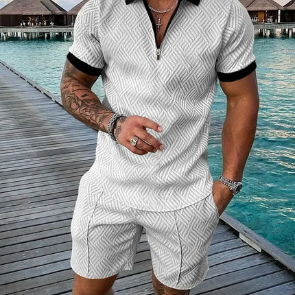 New 2025 Men's Polo Suit Fashion Men Sets Solid Summer V-neck Zipper Short Sleeve POLO Shirt+Shorts Two Pieces Men Casual Suit
