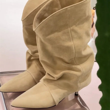 Arden Furtado 2025 Spring leopard print Large tubular boots Pointed toe Slip-on Pleated Middle heel Modern boots Short boots