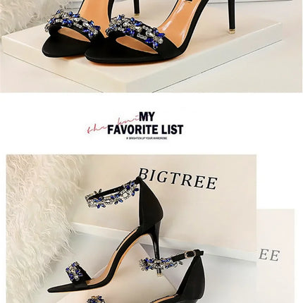 Soft Silk Open Toe Women Sandals 2024 Summer Luxury Crystal Ankle Buckle High Heels Shoes Bride Party Lady Green Red Black Pumps